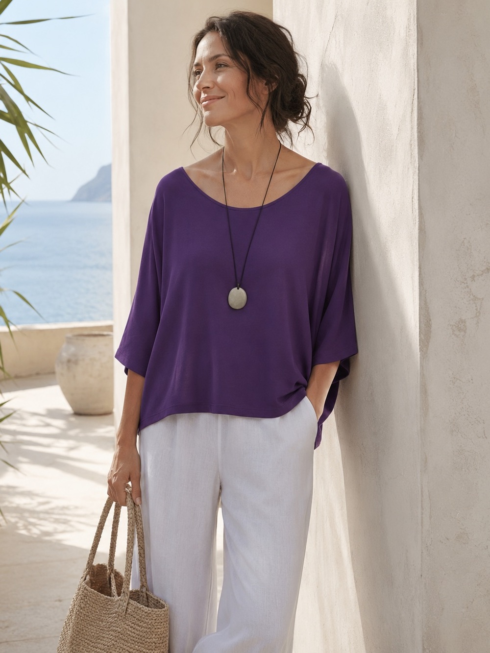 EILEEN FISHER PURPLE OVERSIZED RESORTWEAR COASTAL LOUNGEWEAR TOP SZ L